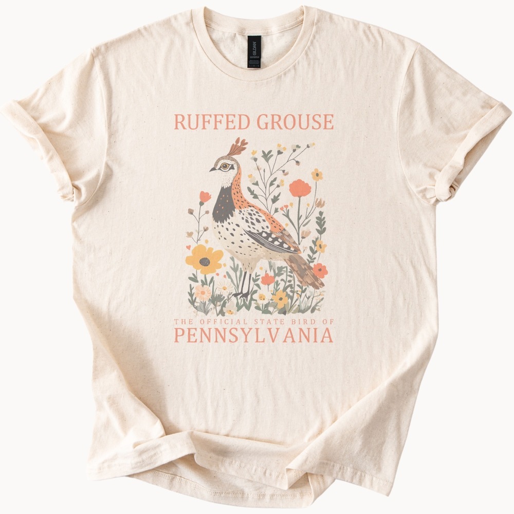 Ruffed Grouse Folk Art Graphic Tee Natural Wildflower Design
